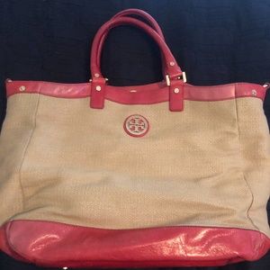 Tory Burch Orange and Canvas Tote Bag
